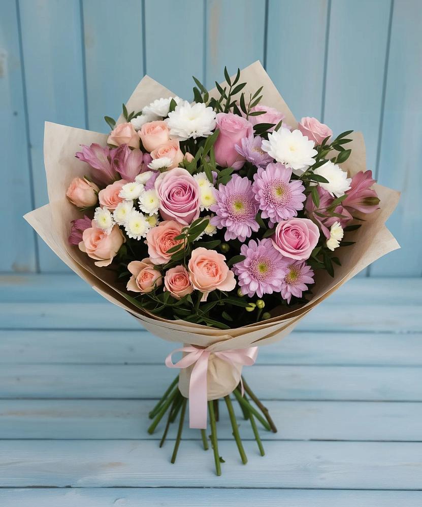 Букет цветов из: Хризантемы, Розы и Альстромерии в Долгое Ледово