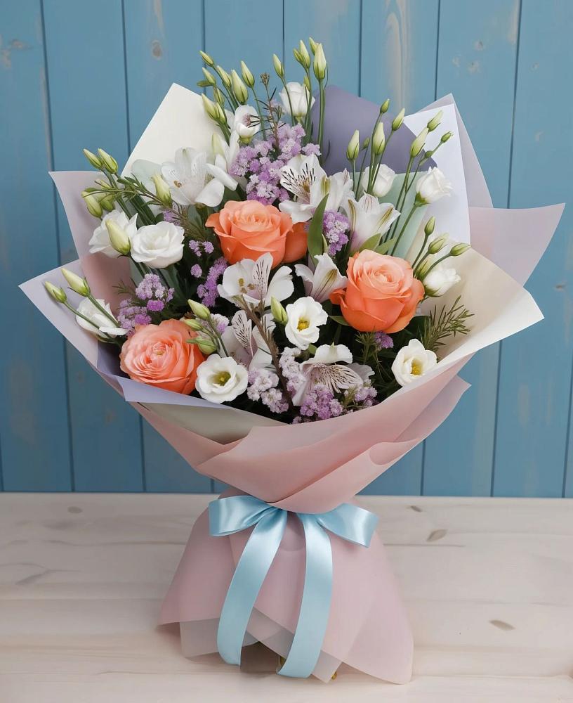 Букет цветов из: Лизиантусы, Розы, Альстромерии и Гипсофила в Долгое Ледово